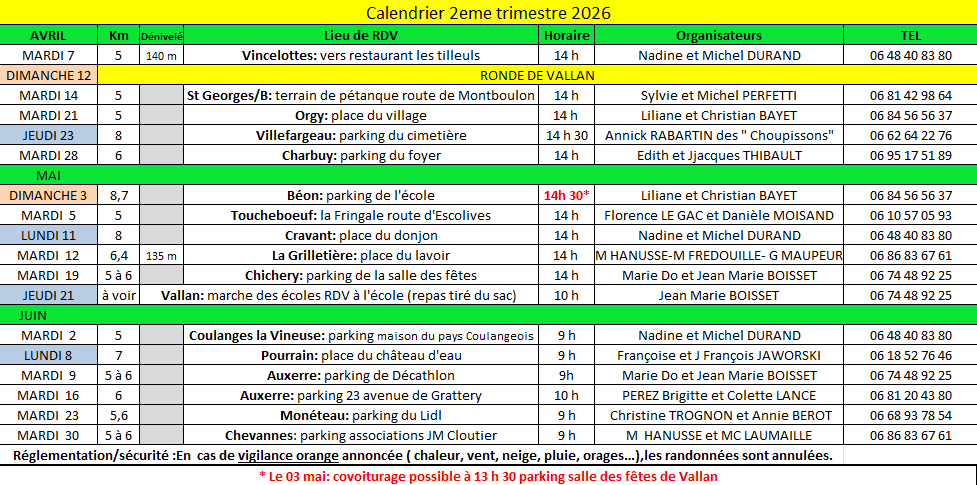 Calendrier 2ème trimestre 2026