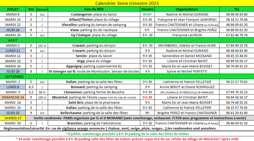 Calendrier 3ème trimestre