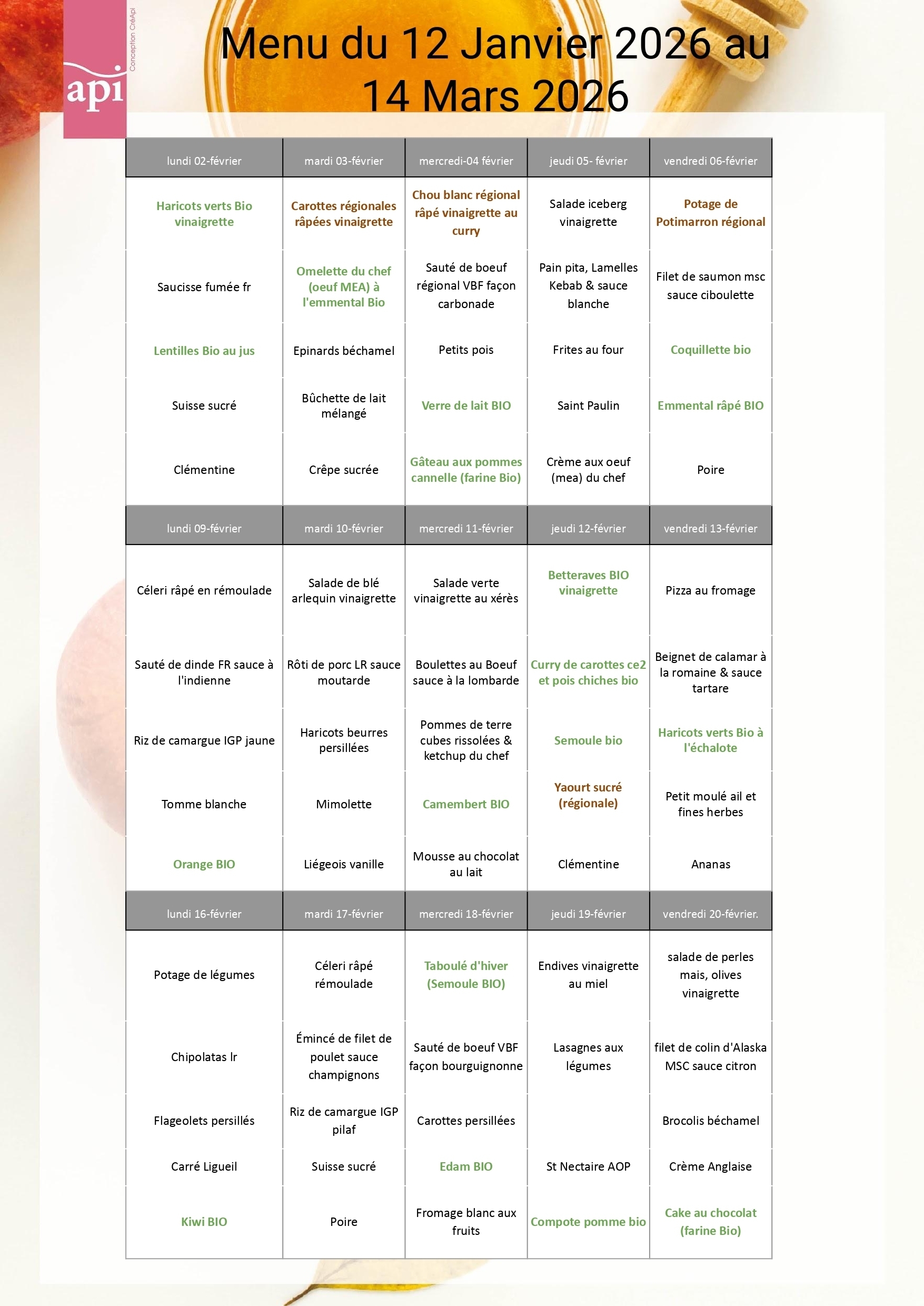 Menus du 02/02 au 20/02/26