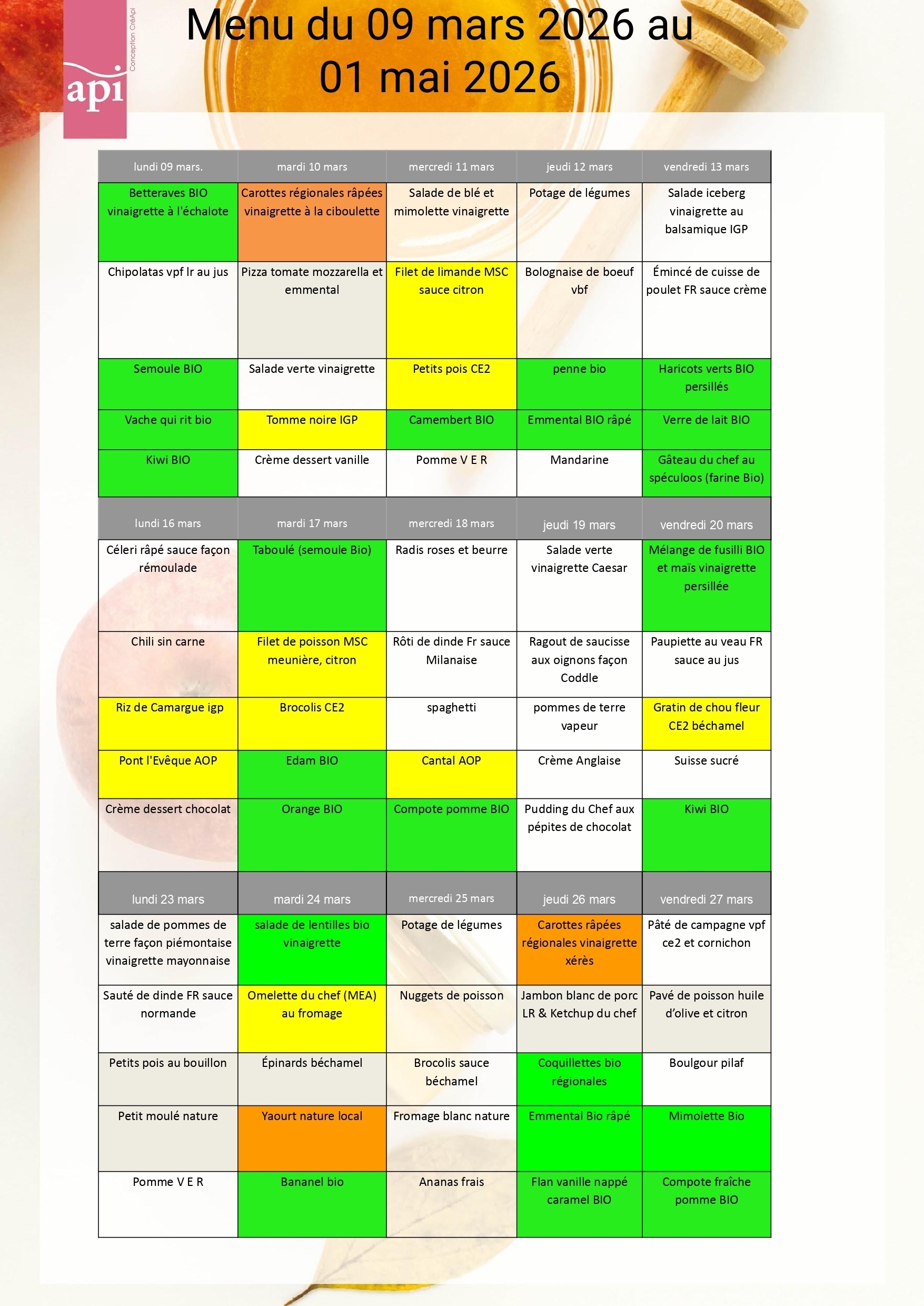 Menus du 09/03 au 27/03