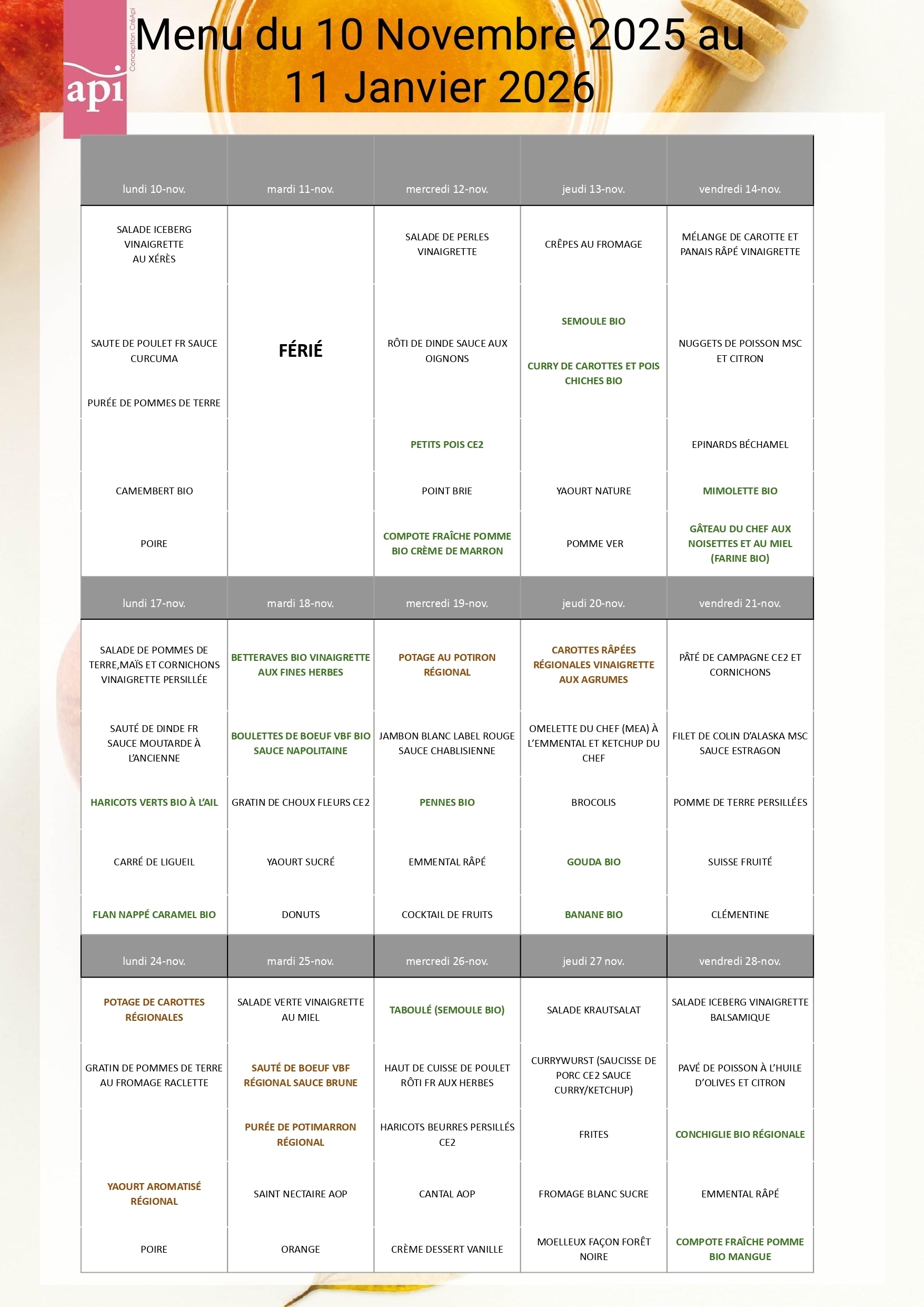 Menus du 10/11/25 au 28/11/25