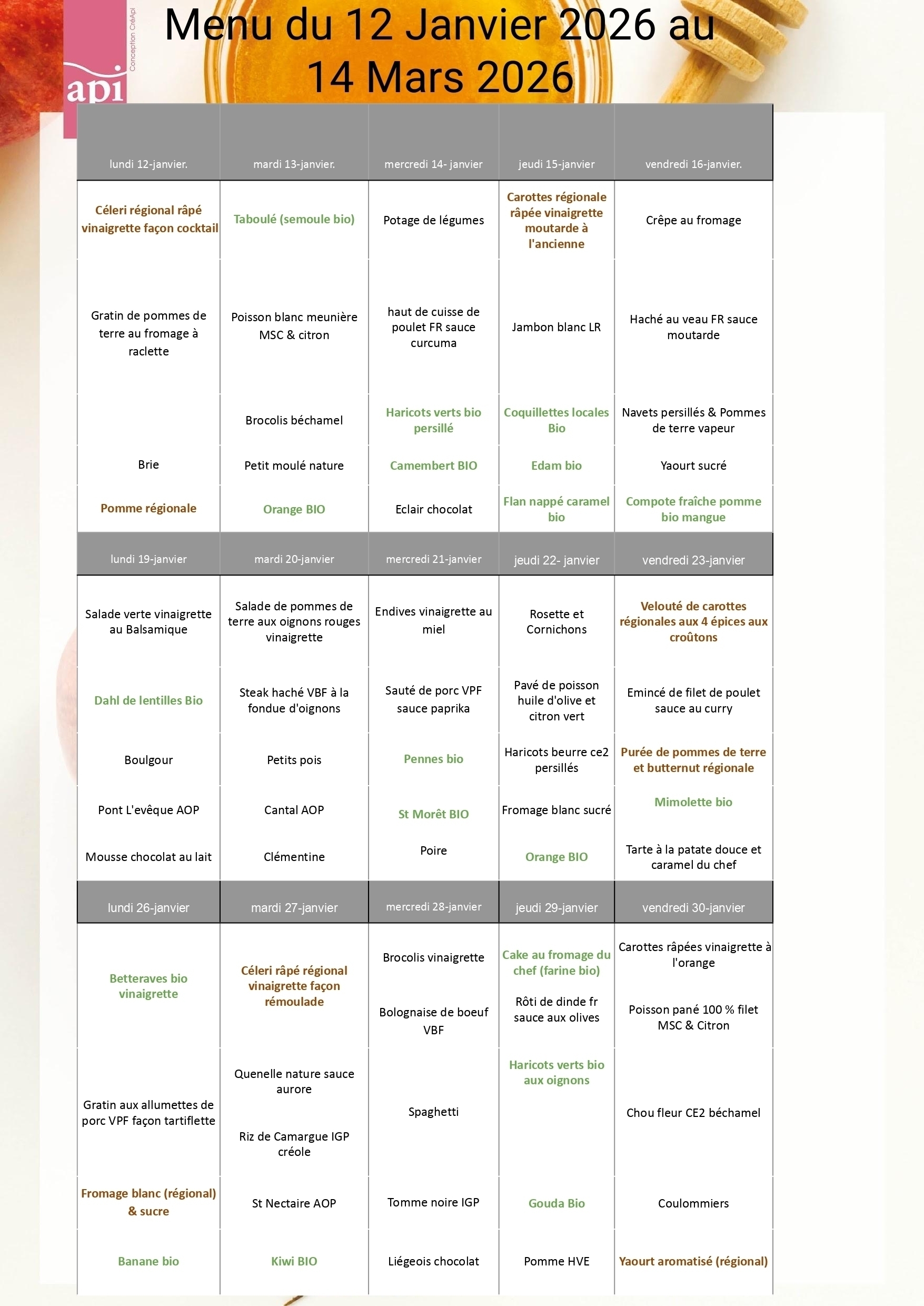 Menus du 12/01 au 30/01