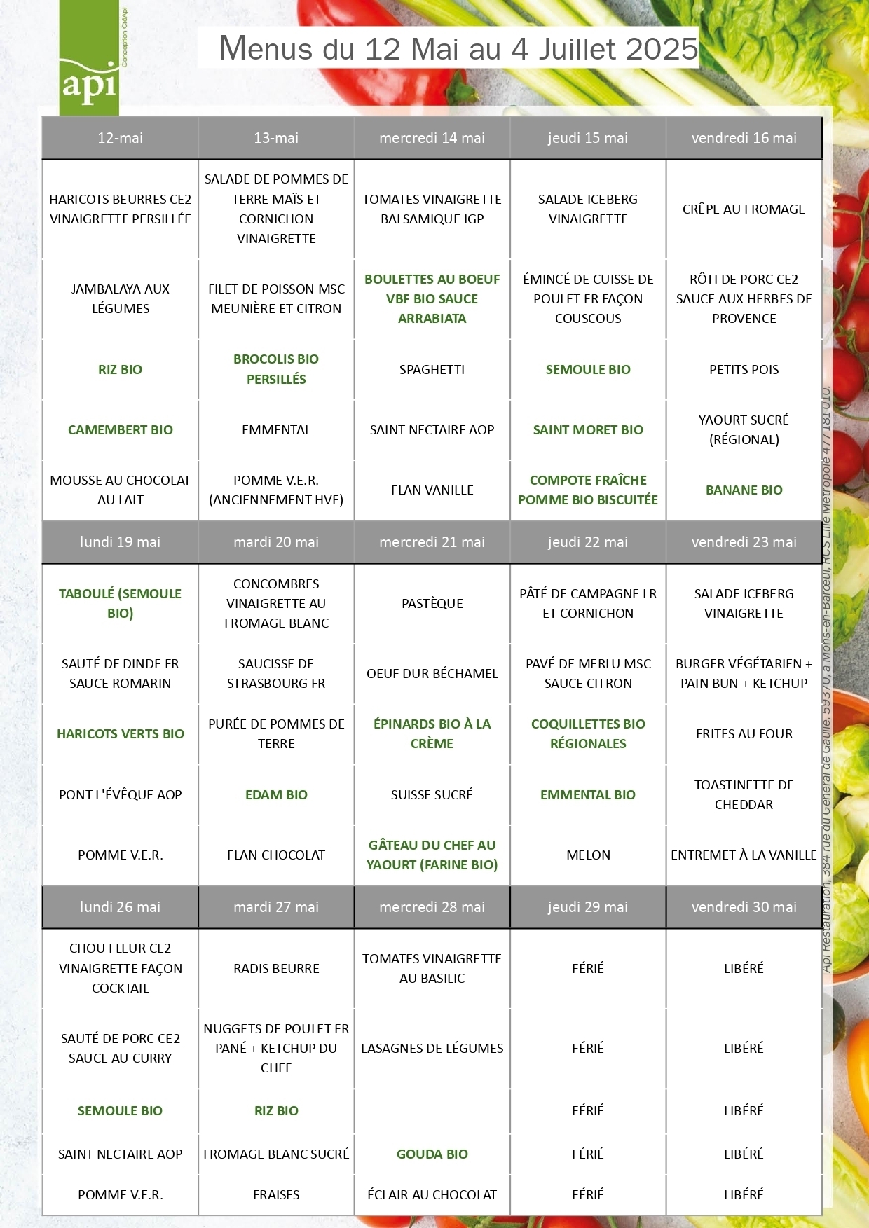 Menus du 12/05 au 30/05