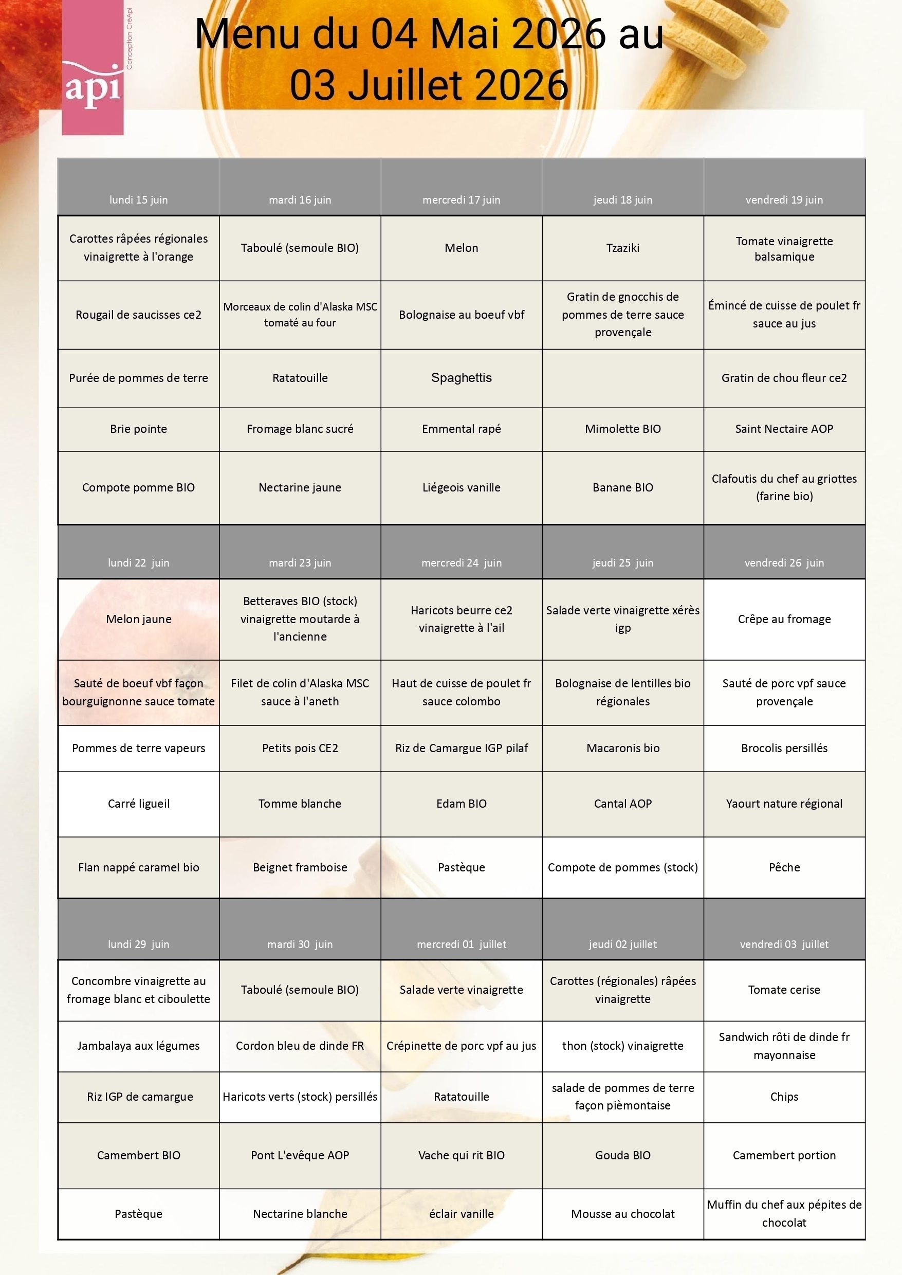 Menus du 15/06/26 au 03/07/26