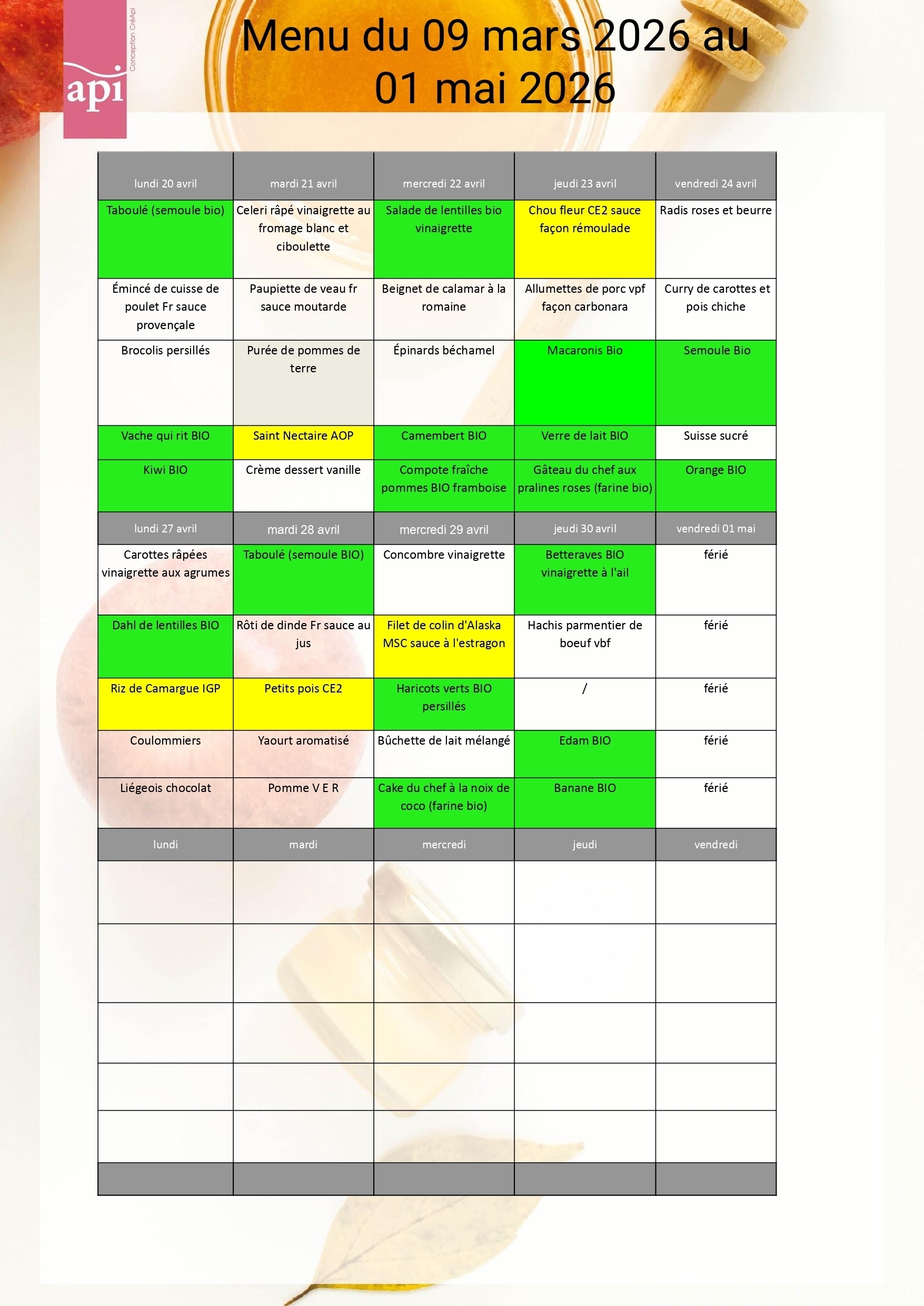 Menus du 20/04 au 30/04/26