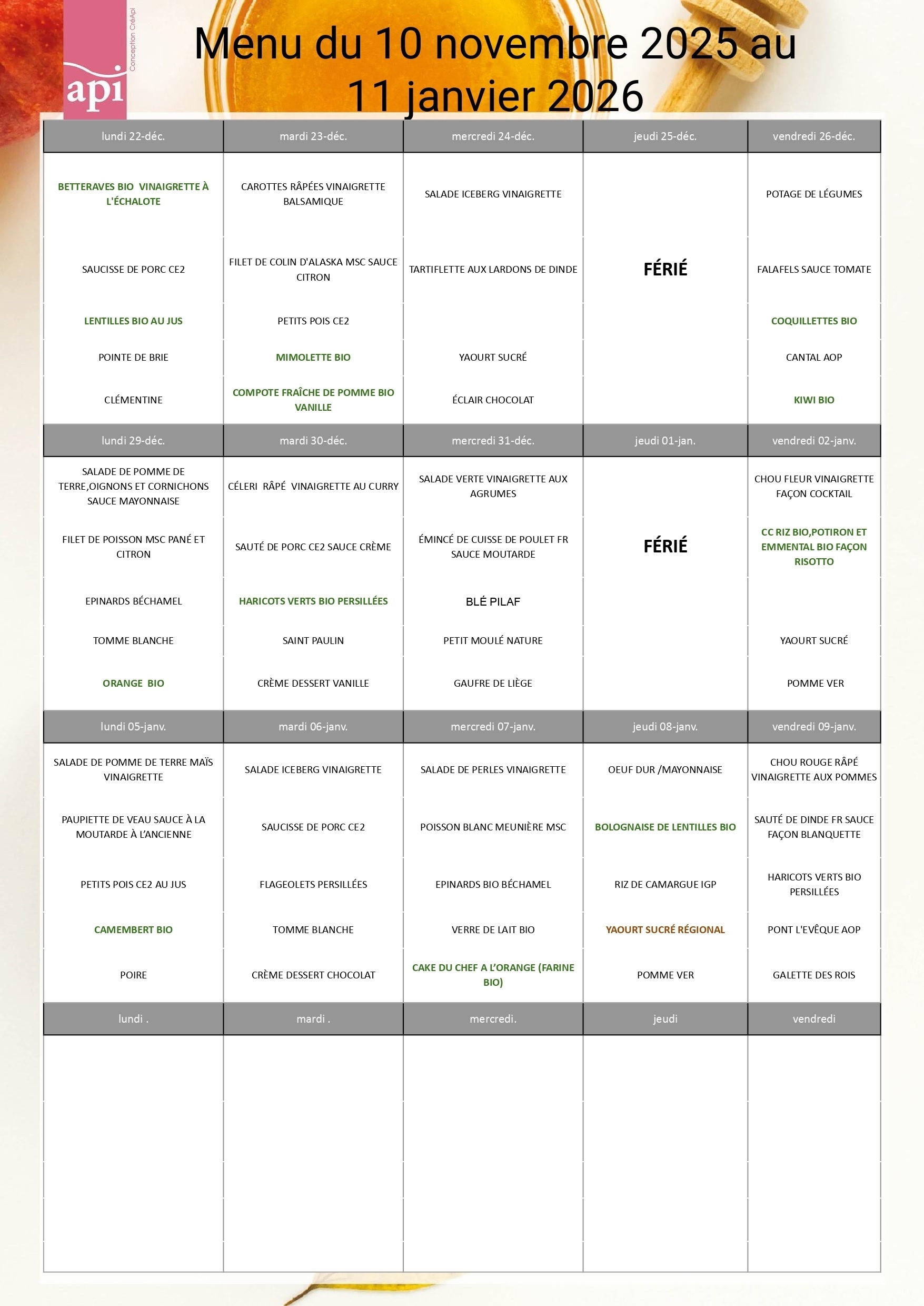 Menus du 22/12/25 au 09/01/26