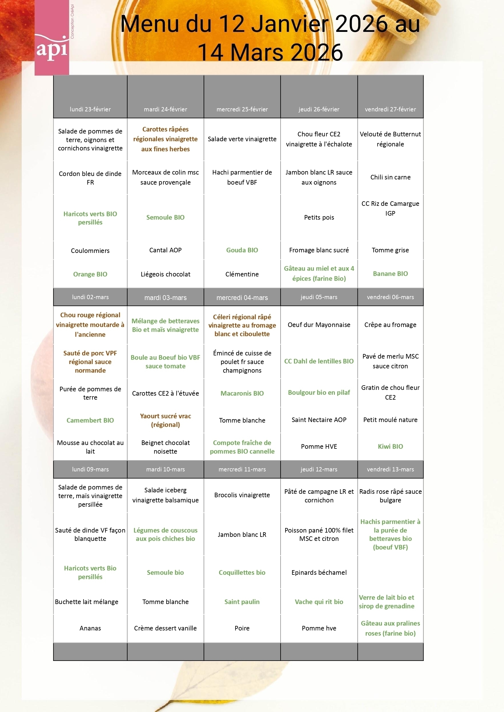 Menus du 23/02 au 14/03/26