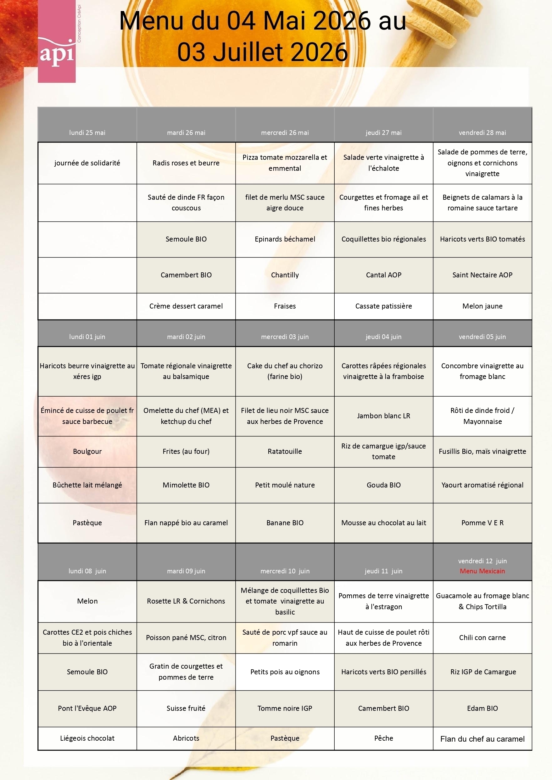 Menus du 25/05/26 au 12/06/26