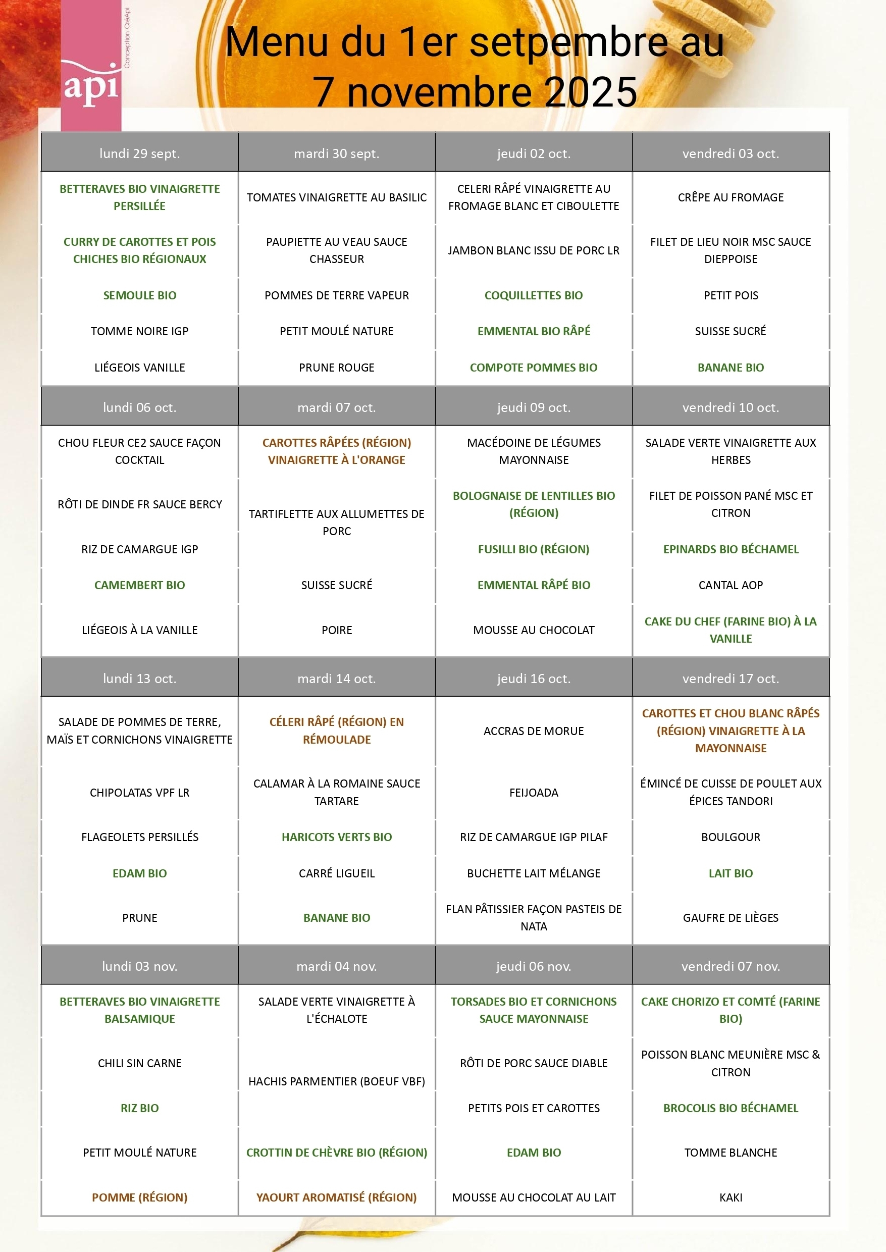 Menus du 29/09 au 07/11/2025