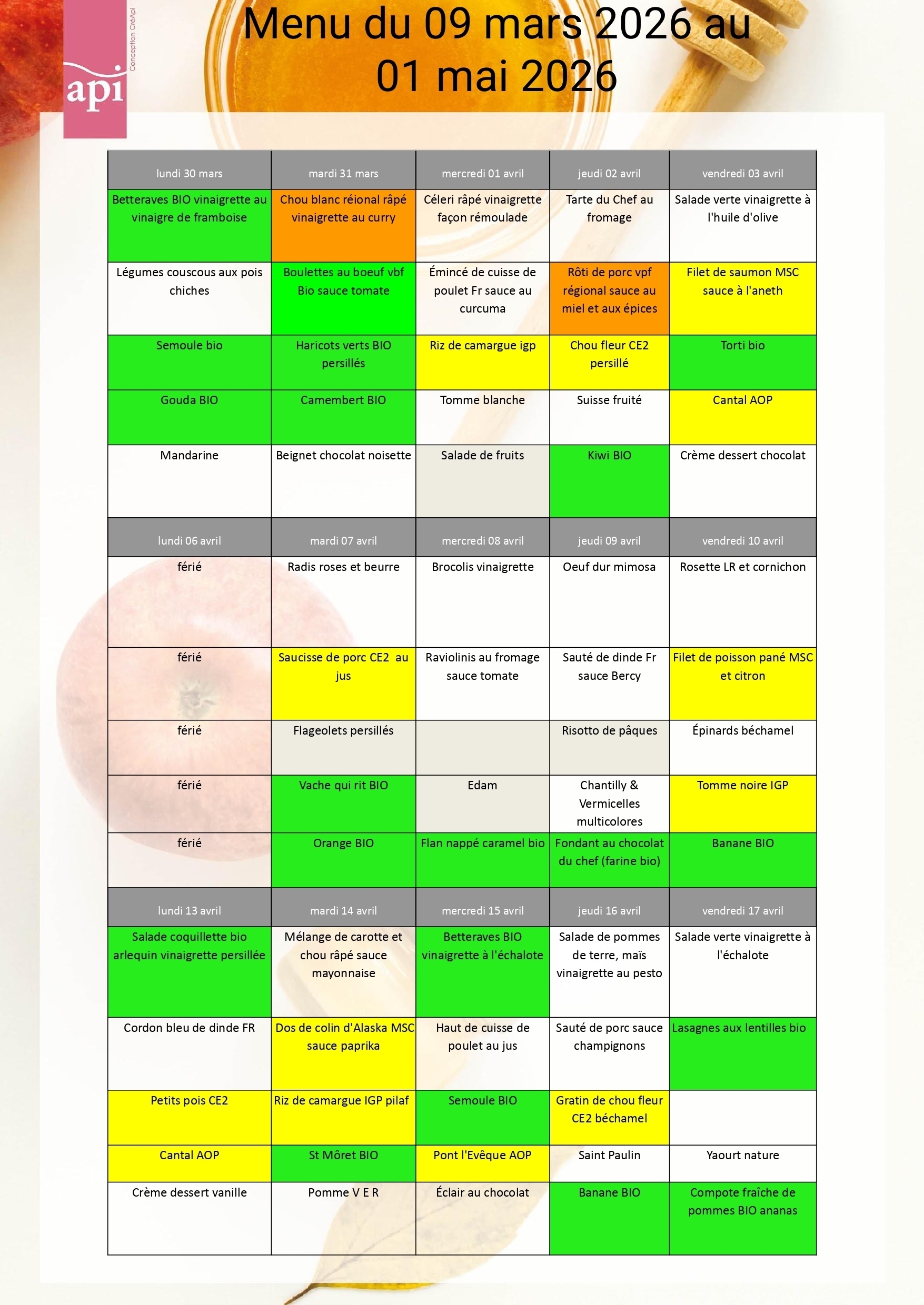 Menus du 30/03 au 17/04/26