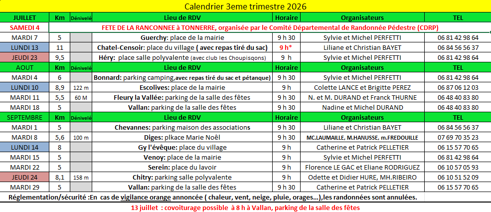 Planning randonneurs 3ème trimestre 2026